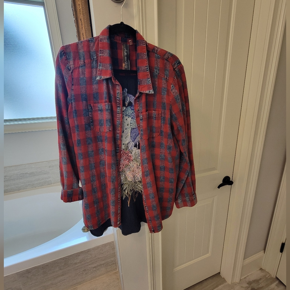 Gorgeous Designer Flannel with embroidery Bird Detail on back by Aratta. Size XL